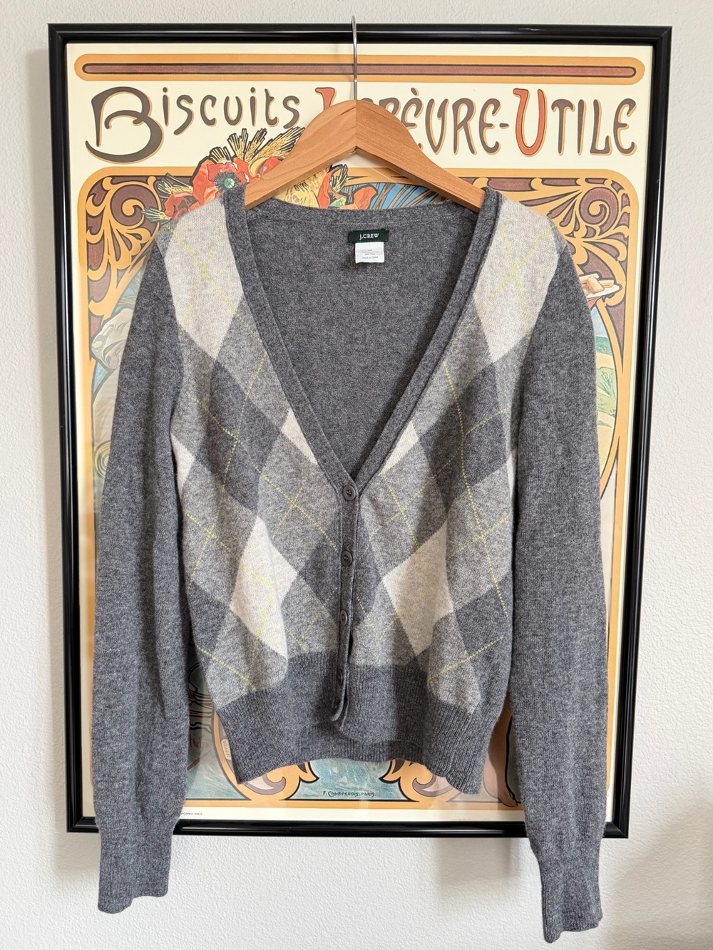 J. Crew Women's Light Grey Argyle V-Neck Wool/Cashmere Cardigan Sweater - XS